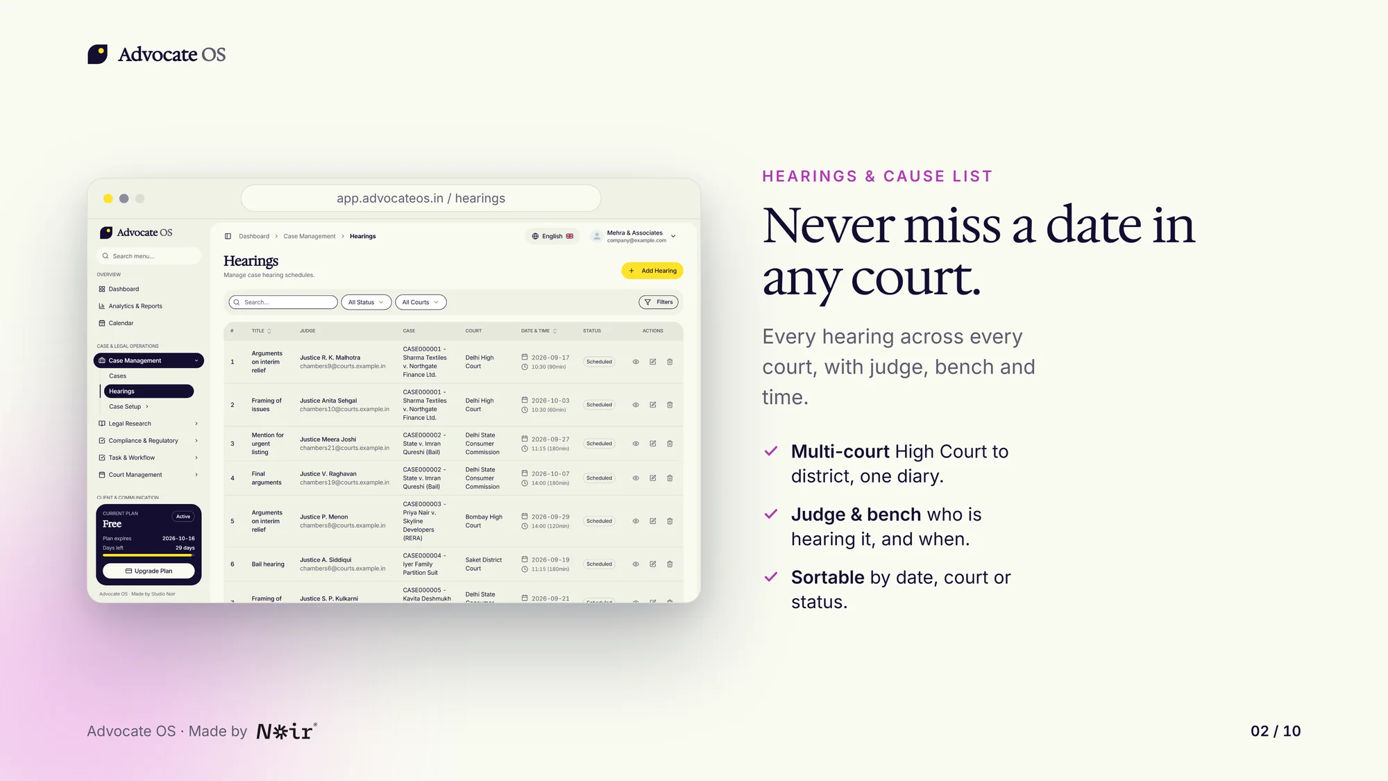 Advocate OS: Hearings & cause list, with demo data