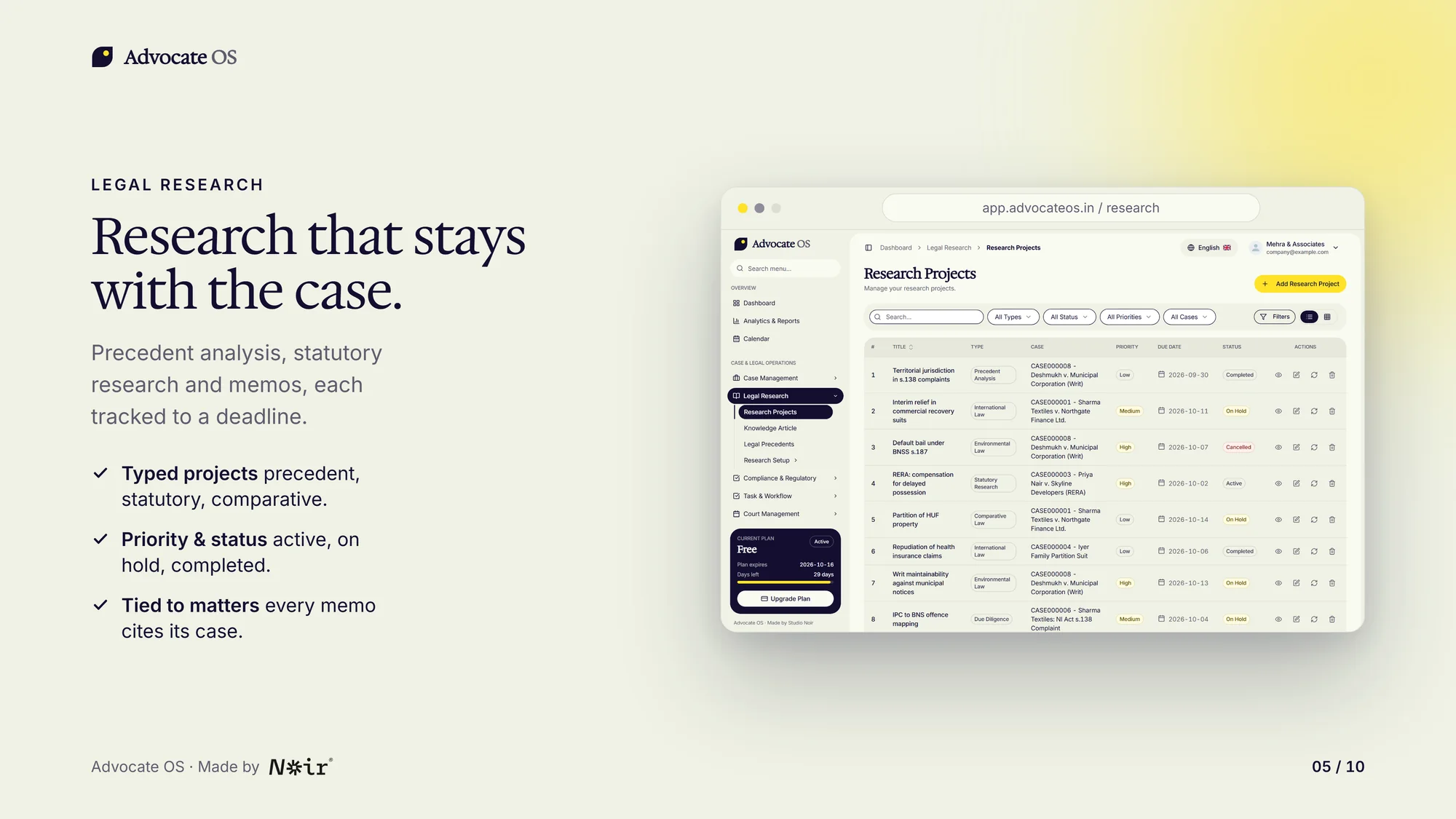 Advocate OS legal research workspace, with demo data
