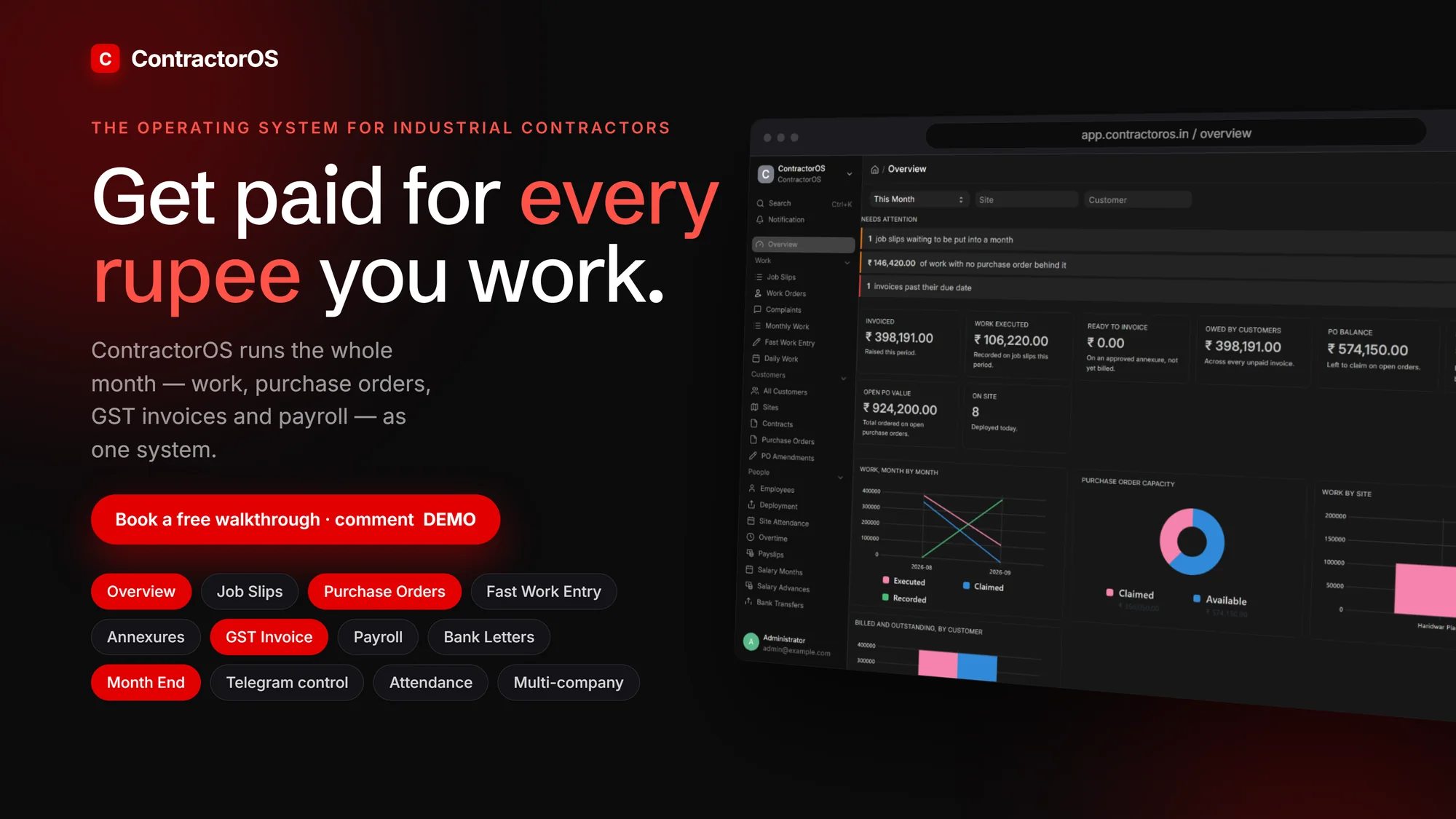 ContractorOS overview, with demo data