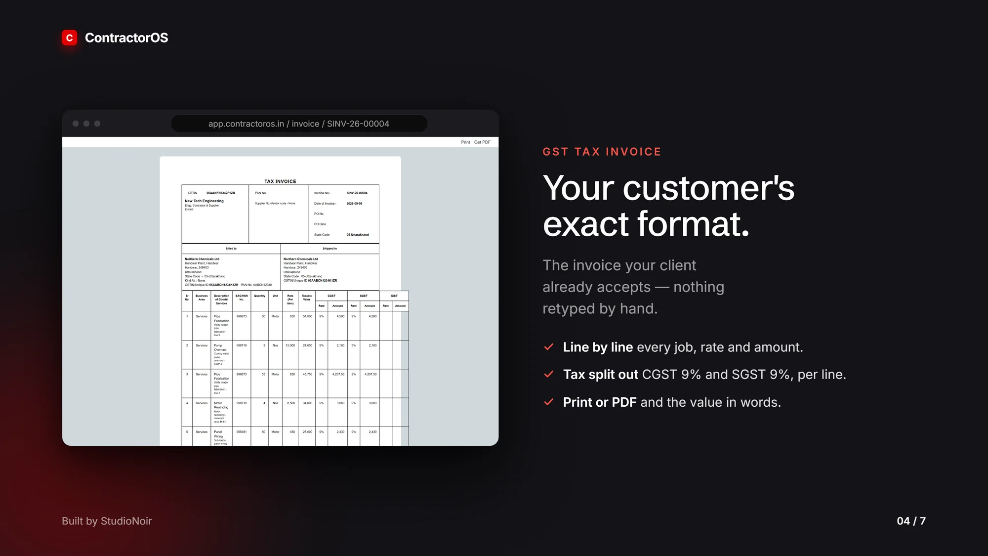 ContractorOS GST tax invoice, with demo data