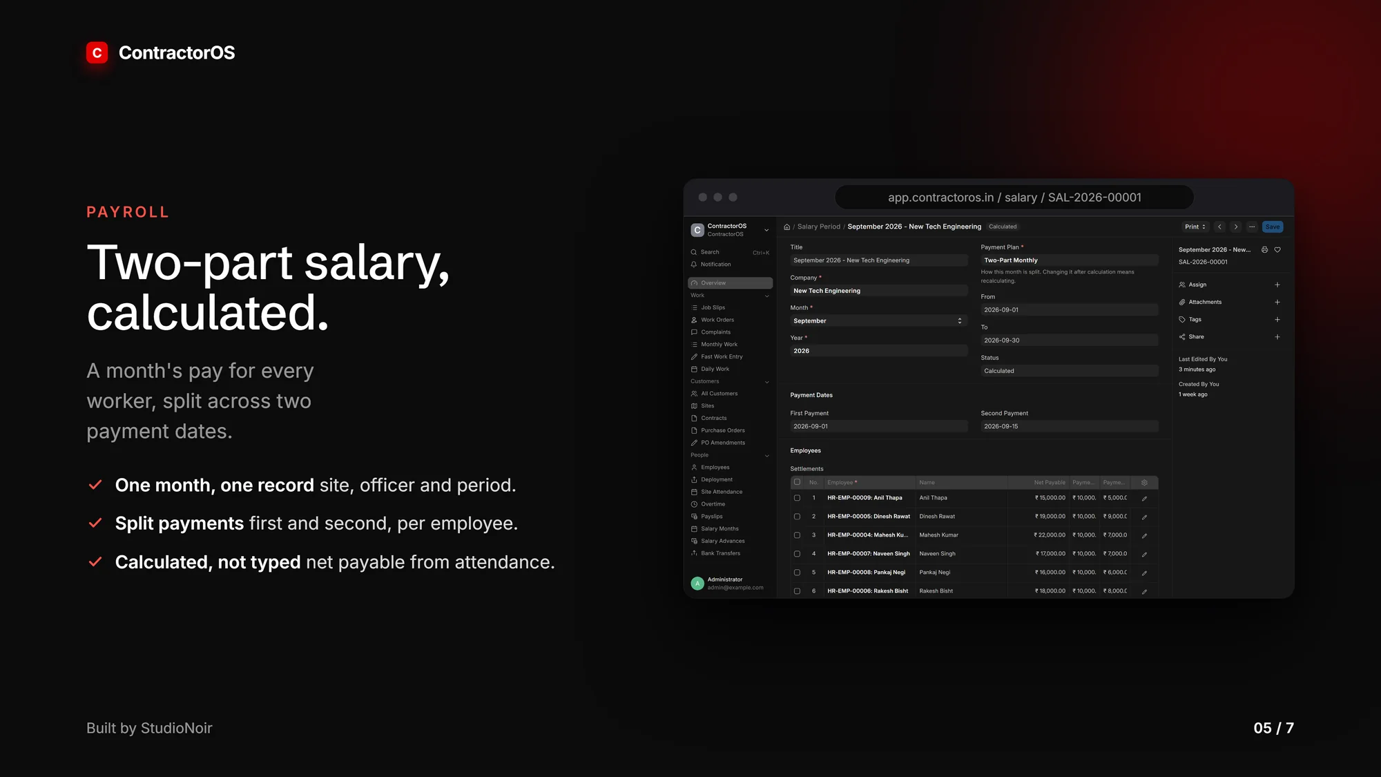 ContractorOS payroll and salary operations, with demo data