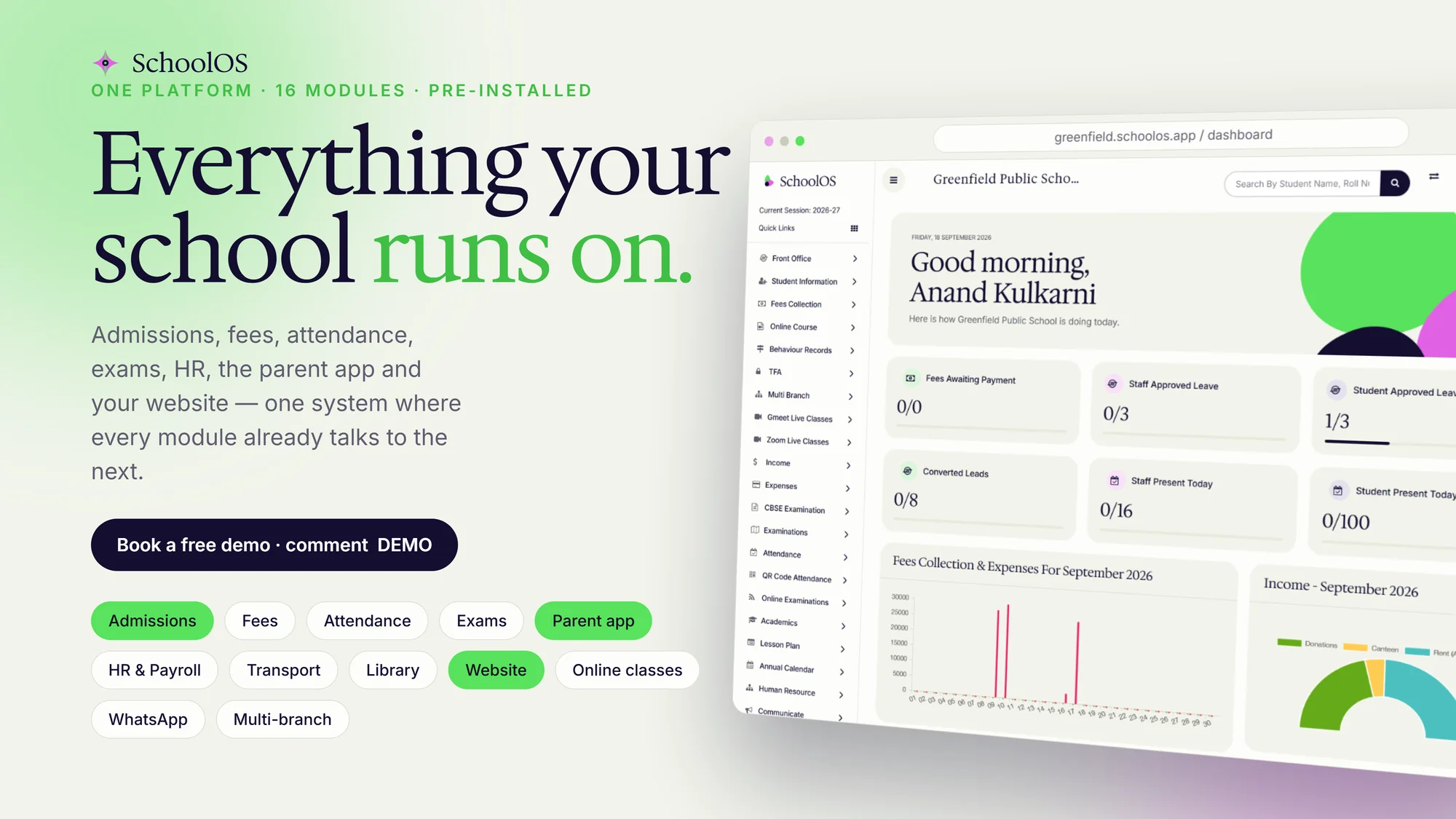 SchoolOS overview with dashboard and module list, with demo data