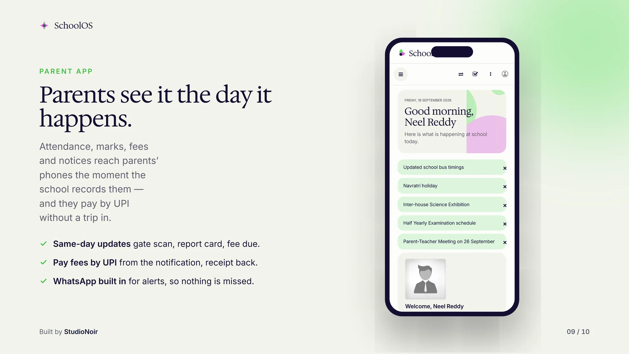 SchoolOS parent app on a phone, with demo data