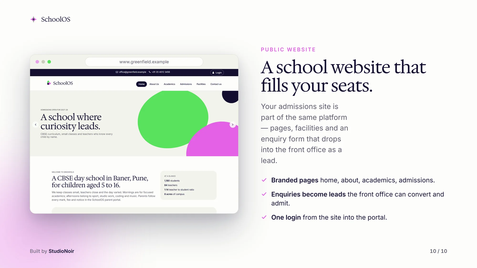 SchoolOS school website builder, with demo data